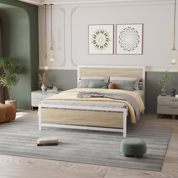 Metal and Wood Bed Frame with Headboard and Footboard Queen Size