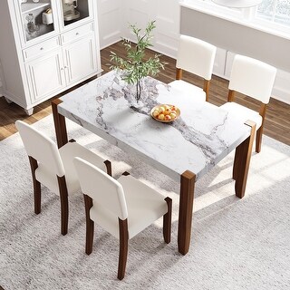 5-Piece Faux Marble Dining Table Set with 4 Upholstered Chairs and ...