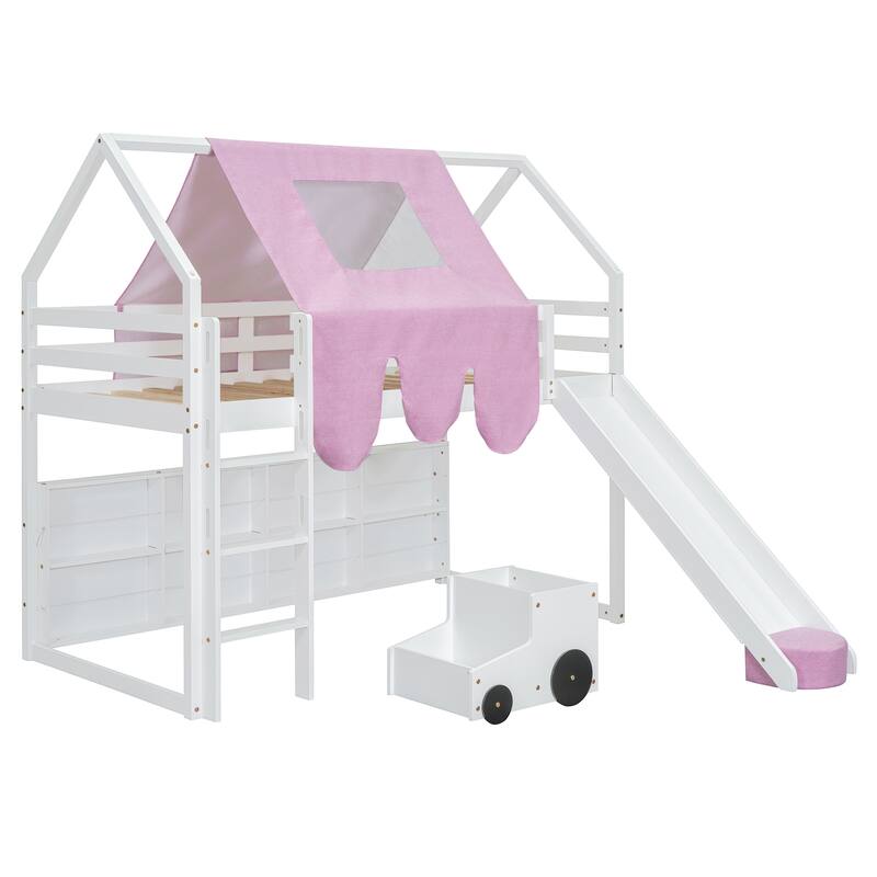 Full Size Loft Bed with Slide, Tent, and Storage Shelves - House Frame Kids Bed with Ladder and Car-Shaped Organizer