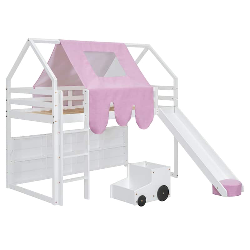 Twin Wooden Loft Bed with House Frame Slide Ladder and Storage Shelves
