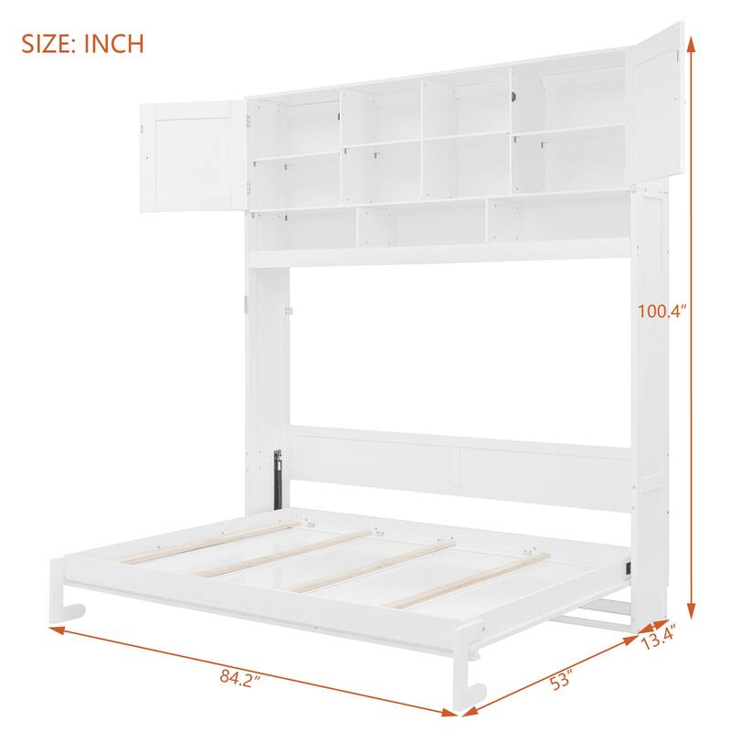 Roomfitters Queen Murphy Bed with Diamond Pattern Storage Cabinet, Wall Mounted Space Saving Hideaway Sleeper, White