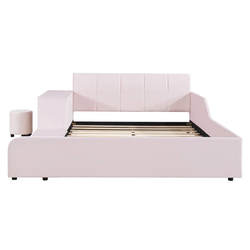 Velvet Upholstered Full Size Mother & Child Bed with Bedside Desk and Stool, Pink