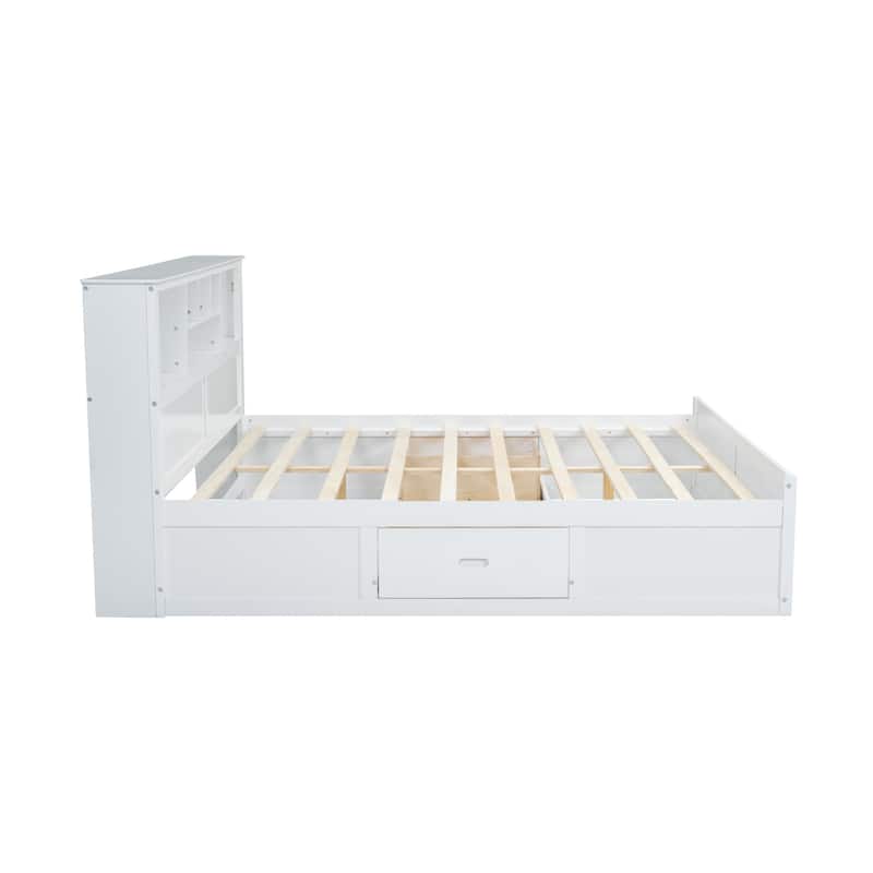 King Size Wood Platform Bed with Bookcase Headboard Built-in Charging Station, Bookcase Captain's Bed with Drawers on Both Sides