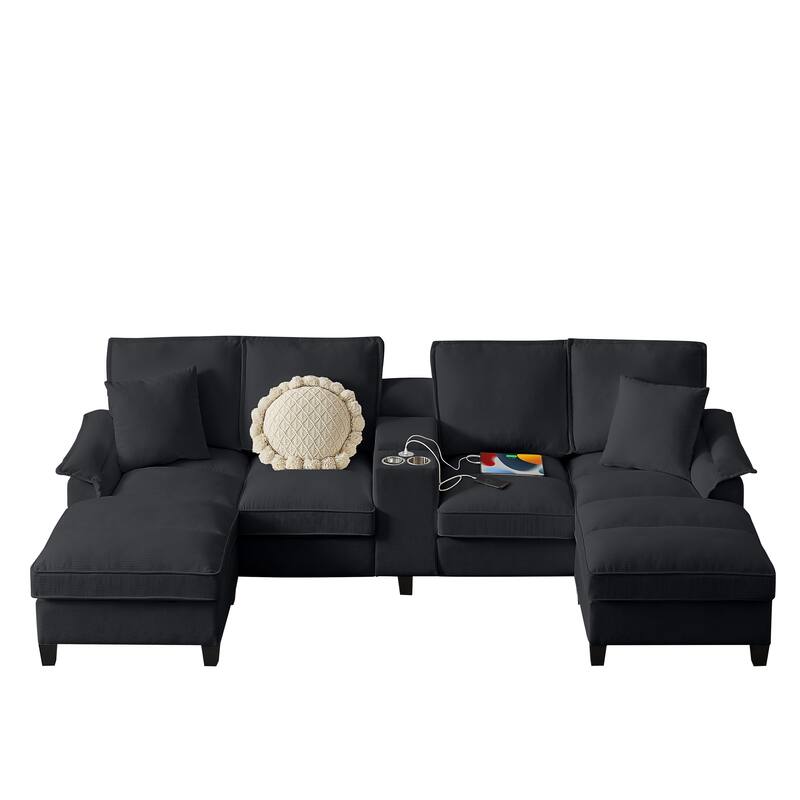 Corduroy U-shaped Sectional Sofa with Double Storage Chaise Lounge, Console Table with Charging Station, Box and Cup Holders