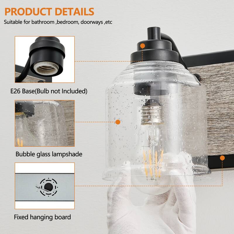 49" Farmhouse Vanity Light Fixture, 6-Light Bathroom Wall Sconce with Clear Seeded Glass Shades, Black and Wood Grain Finish