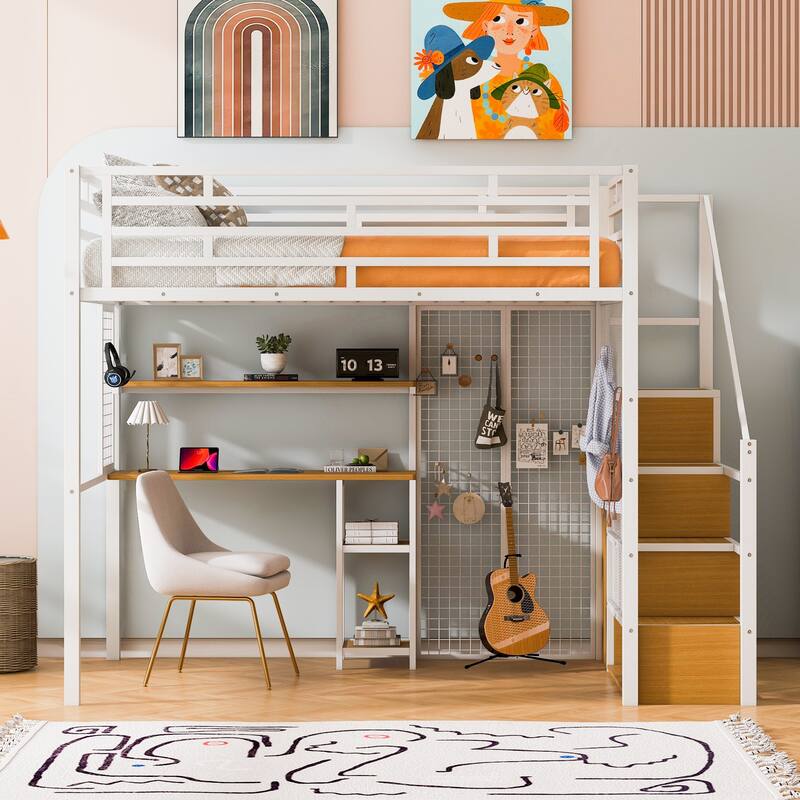 Full Size White Metal Loft Bed with Built-in Wardrobe, Desk & Storage Shelves