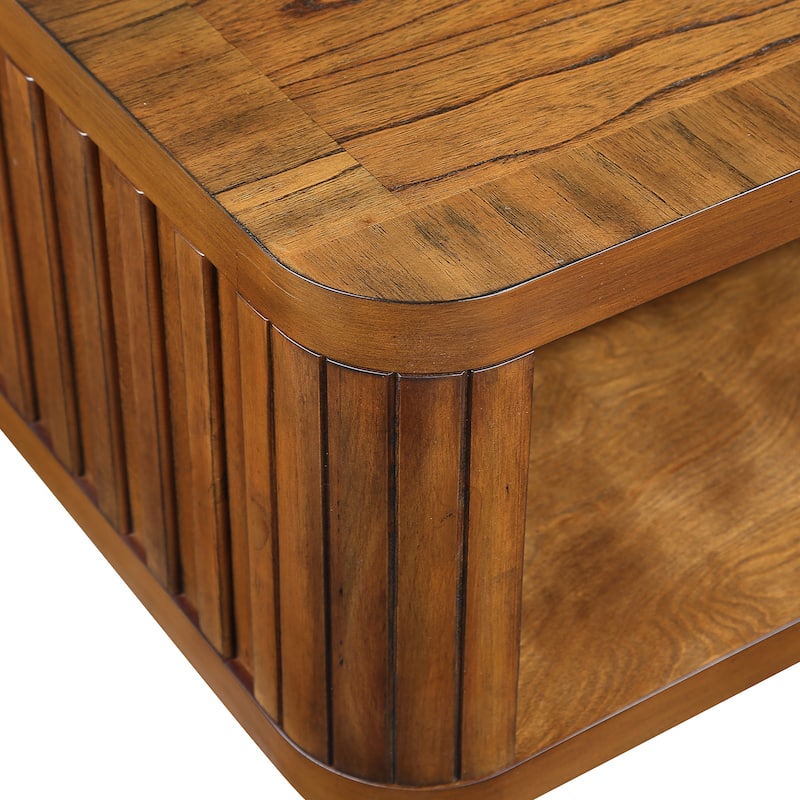 41.5" Rectangular Coffee Table, Solid Wood Fluted Coffee Table 2 Tier Storage Center Table Tea Table with Open Shelf