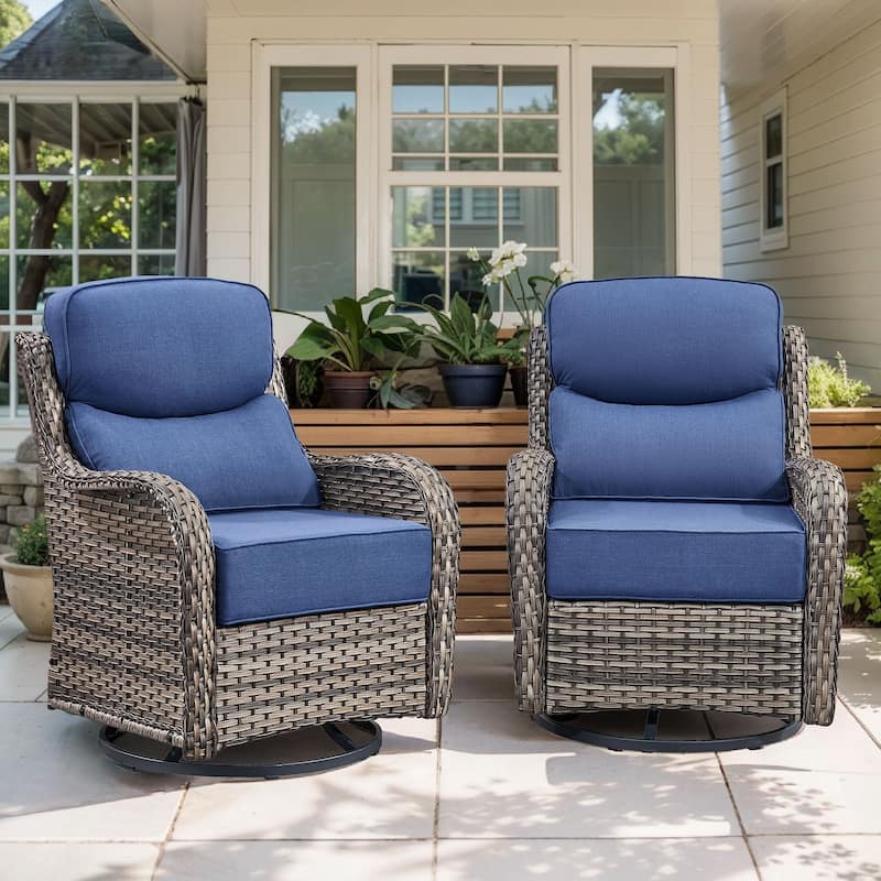 Gymojoy Patio Swivel Glider Chair Set with 6" Ultra-Plush Cushions - Waterproof Olefin Fabric, All-Weather Rattan - Grey Wicker / Blue Cusion - 2-Piece