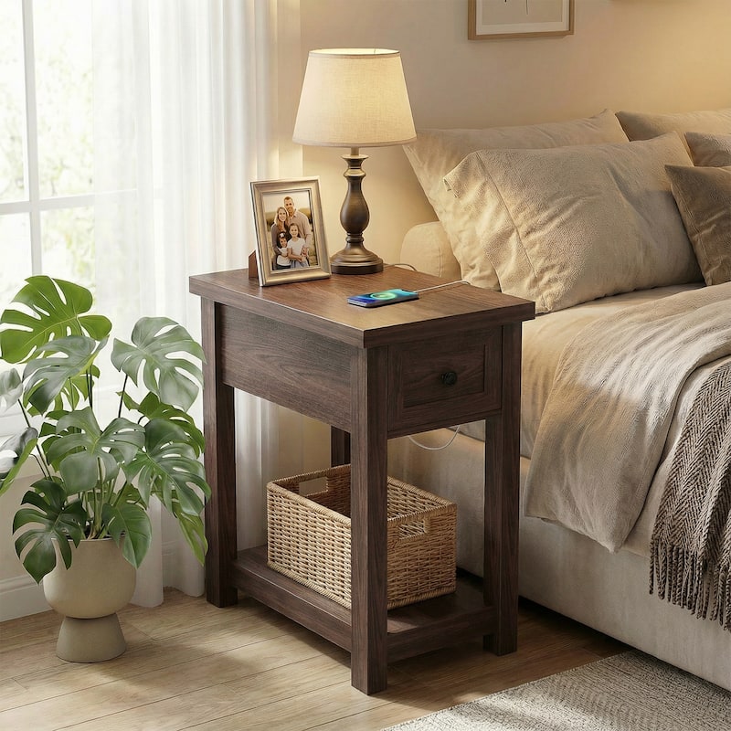 Farmhouse End Table with Wood Drawers and Charging Station, Sofa Side Table, Nightstand