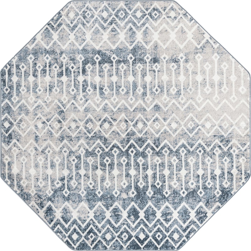 Contemporary Pico Collection Area Rug - 7'x7' Octagon - Blue-Ivory