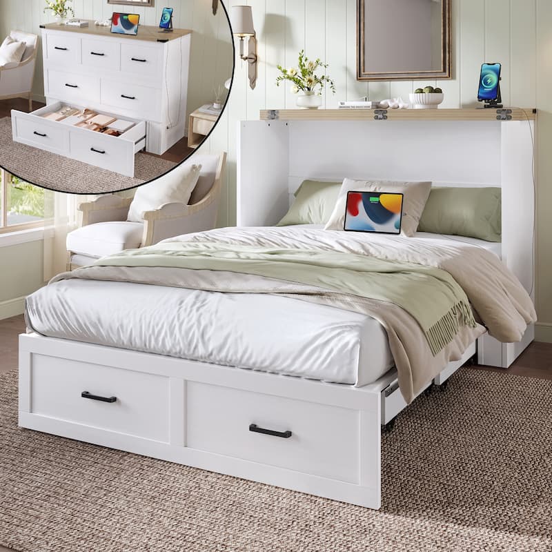 Full Size Foldable Platform Bed with Charging Station and Storage Drawer, White - White
