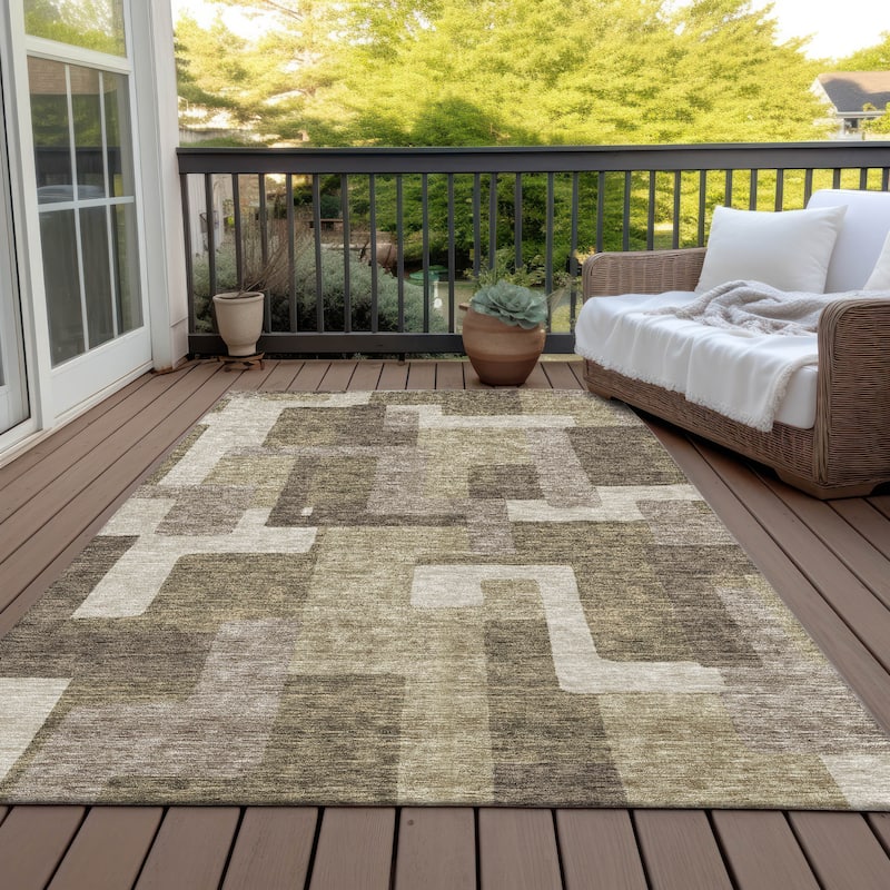 Machine Washable Indoor/ Outdoor Chantille Modern Blocks Rug - Brown - 10' x 14'