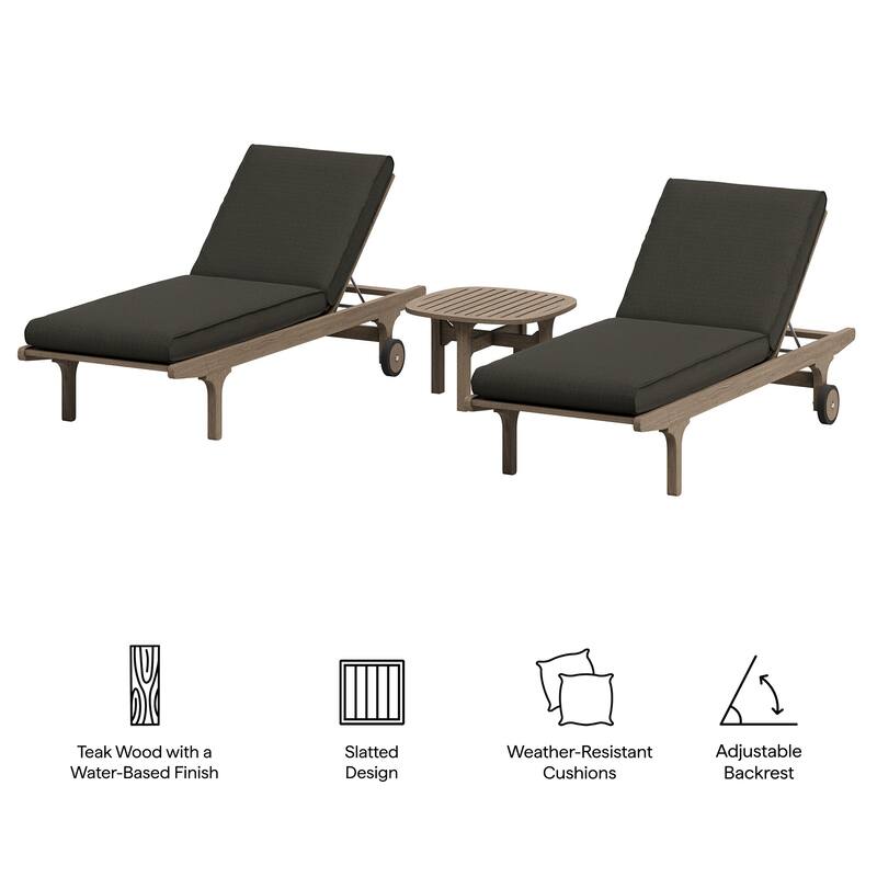 Saratoga Outdoor Patio Teak Wood 3-Piece Chaise Lounge Furniture Set