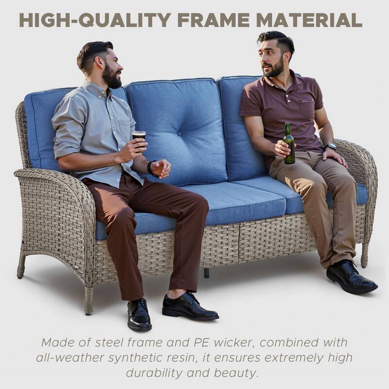 Outdoor Patio 3-Seat Sofa with Rattan Footstool