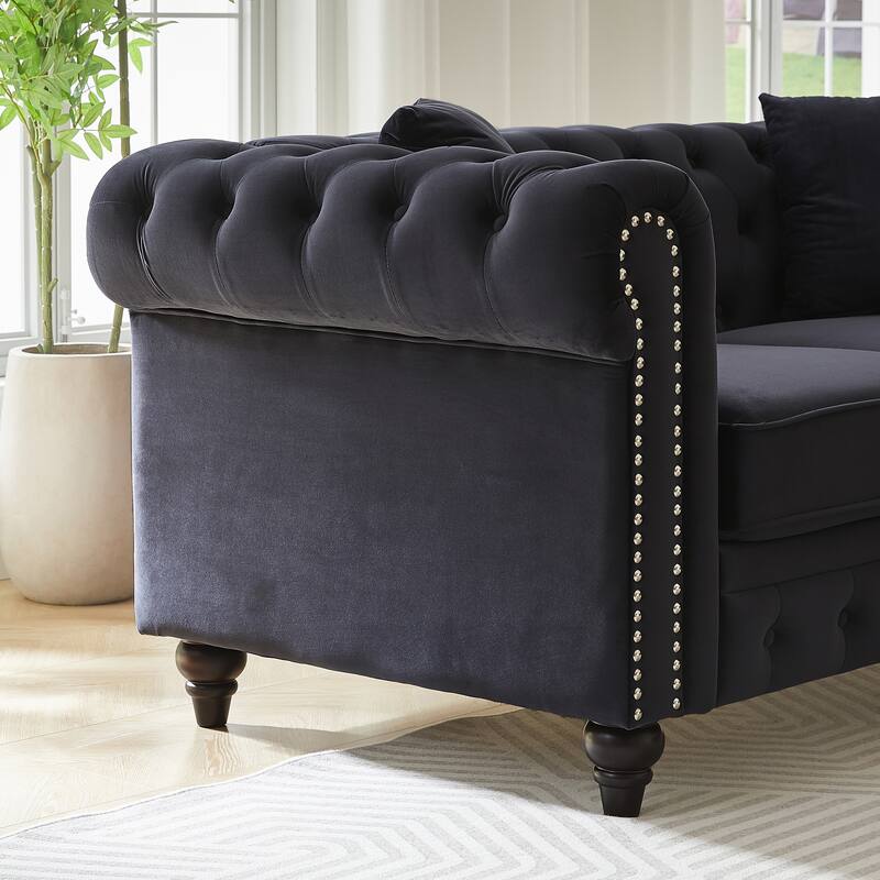 3+3 Seat Velvet Deep Seat Sofas Set, Classic Chesterfield Couches with Nailheads Accent, Removable Cushions and Pillows