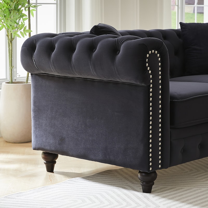 85.5"Living Room With Velvet Chesterfield Sofa With Rolled Arms 3 Seater Sofa With Button Design And 2 Cushions