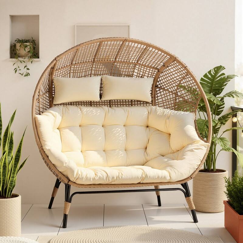 2-Person Papasan-Style Oversized PE Wicker Egg Chair with Cushions, 57.1" Wide, 680-lb Capacity, Indoor/Outdoor - Beige