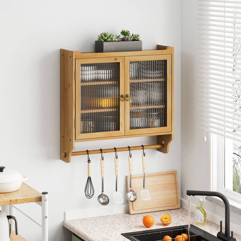 Vintage Style Glass Door Wall Cabinet with Three Tiers of Storage and Towel Racks