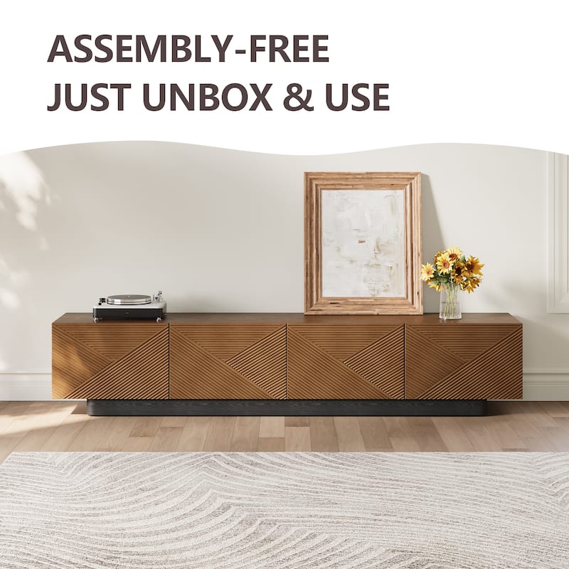 78.74" Mid Century Modern TV Stands, with Brown Solid Wood Veneer, Media Consoler with 4 Cabinets