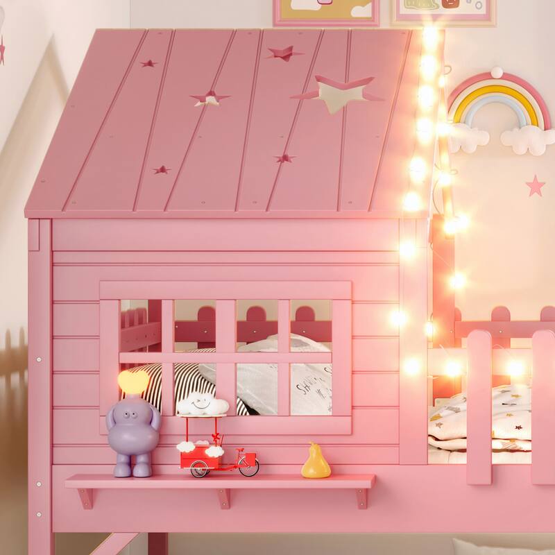 House Loft Bed with Slide and LED Lights, Kids Playhouse Bed with Star & Moon Cutout Roof and Window, Low Loft Bed