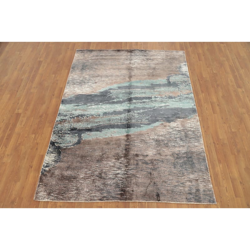 Hand Knotted Oriental Viscose Silk Carpet Modern Pictorial Multi-Colored Abstract Area Rug - 7' 6'' X 5' 7''
