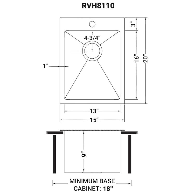 Ruvati 15 x 20 inch Gunmetal Black Stainless Steel Drop-in Bar Prep Sink Single Bowl - RVH8110BL