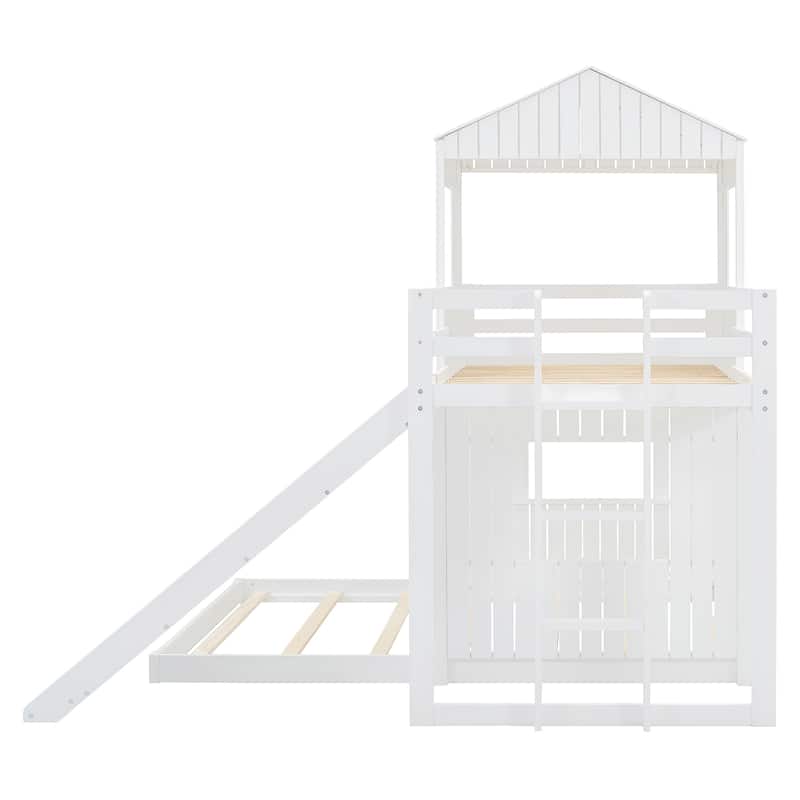 Playhouse Twin Over Full Bunk Bed with Windows and Slide, Solid Pine Wood Frame