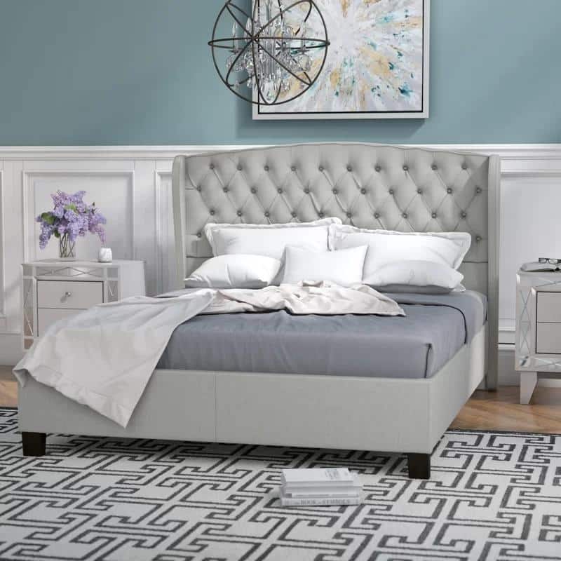 Queen Size Modern Upholstered Platform Bed with Button-tufted Headboard for Bedroom - Light Grey - Queen
