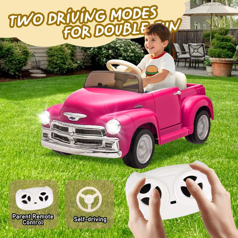 12V Licensed Chevrolet 3100 Pickup Kids Electric Ride-On Car with Remote Control, Ages 3+ - Pink