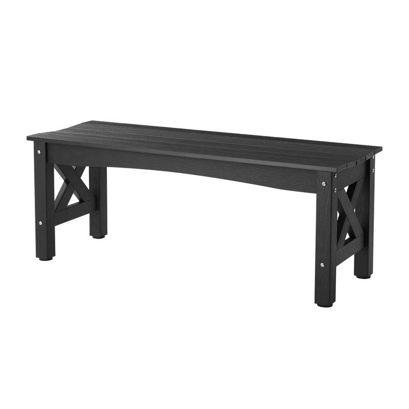 Black Plastic Backless Garden Bench with Cross-Leg Design for Comfortable 2-Person Seating - 44.5” x 15.7” x 17.1”