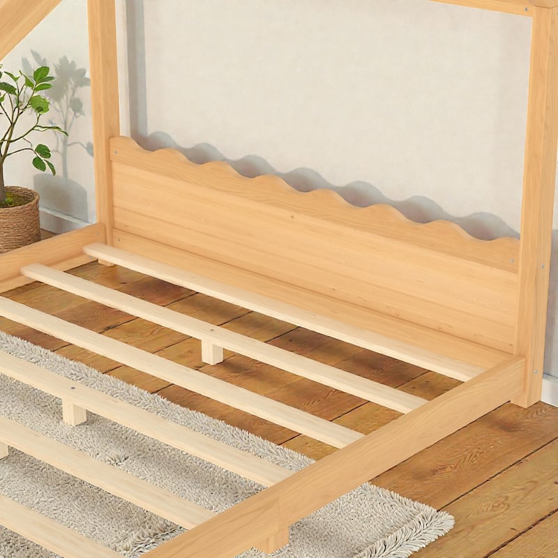 Kids Solid Wood House Floor Bed with Support Slats, Montessori Low Profile Bed, No Box Spring Needed
