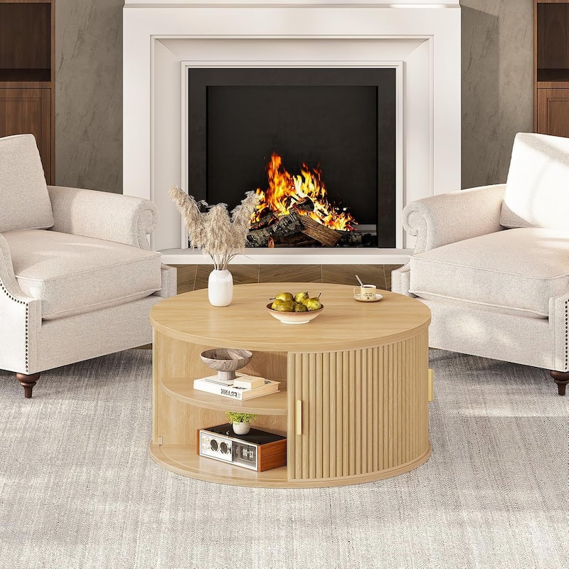 Round Lift Top Coffee Table 180 Grad Curved Sliding Door Living Room - Natural Oak