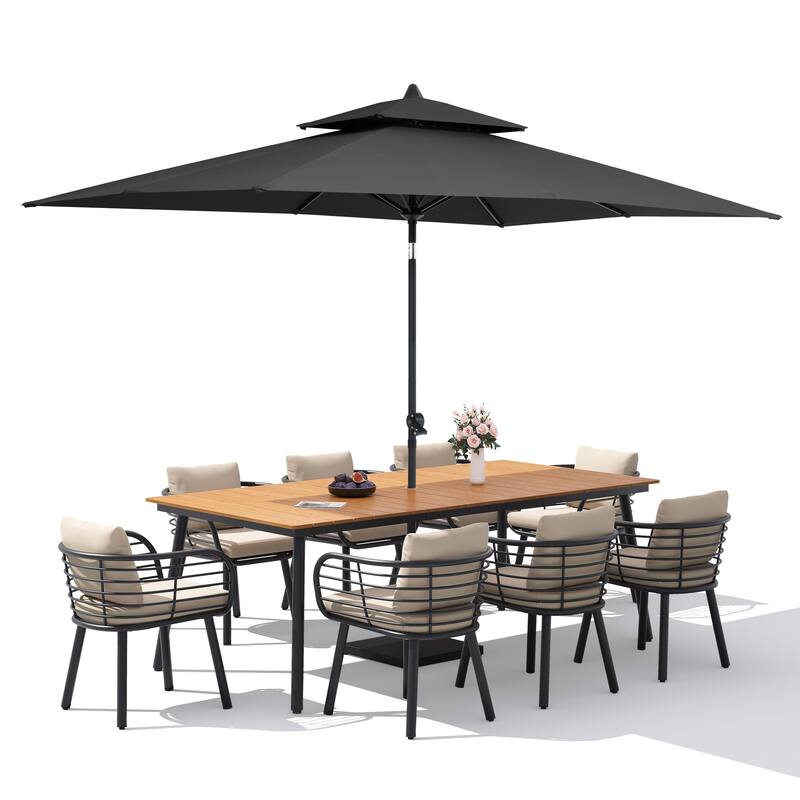 9/11-PieceOutdoor Patio Dining Set with Sunbrella Cushions Aluminum Dining Table and Chairs w/10 ft Umbrella and Base