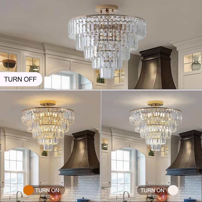 Gold Crystal Chandelier - 5-Tier Round Semi Flush Mount Light Fixture