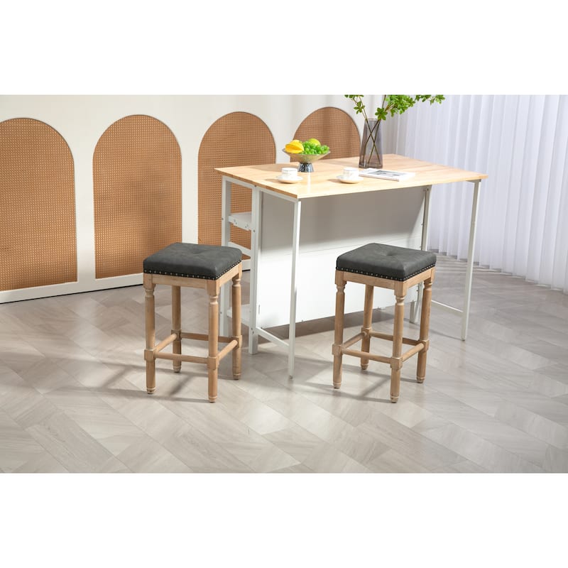 Tufted 26 inch stools Wooden counter stools set of 2, Classic Nailheads Base, Classic Brushed Finish - Grey