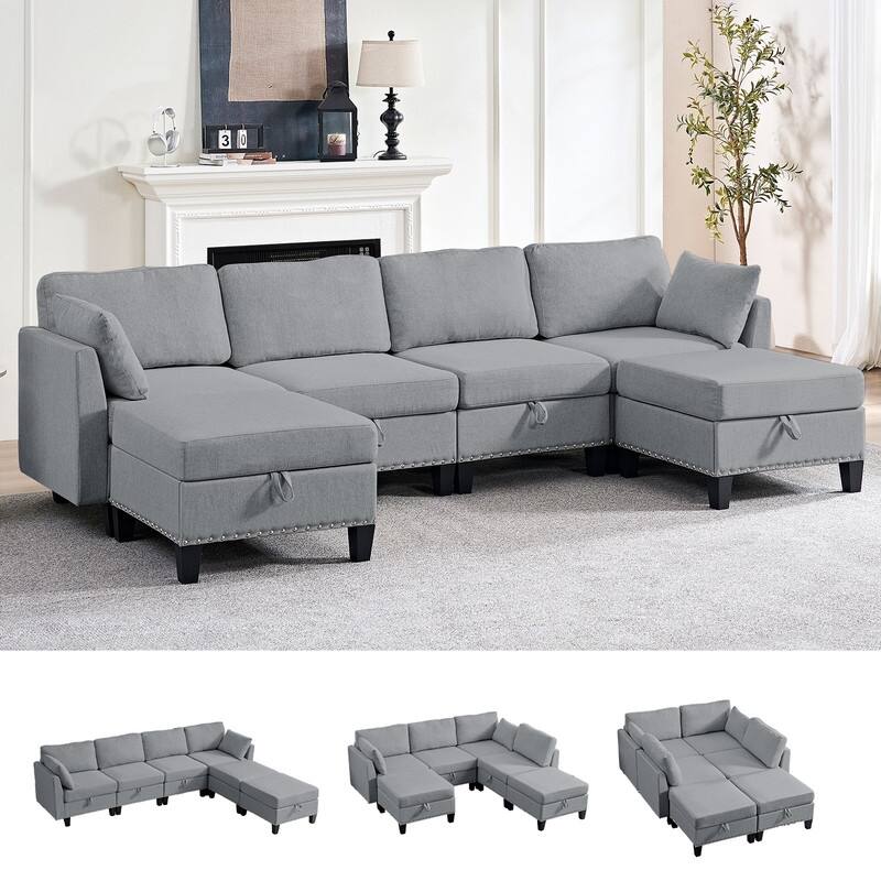 Mixoy Rivet Design Flexible Combination Reversible 4-Seater Modular Sofa with Storage Ottomans,Linen Convertible Sleeper Sofa