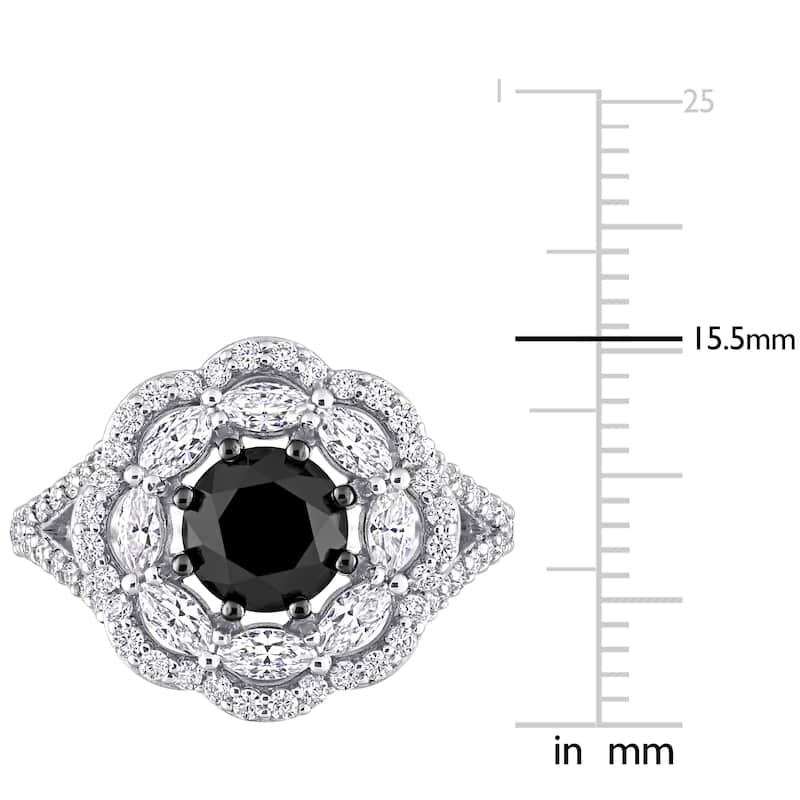 Miadora 10k White Gold 1 1/2ct TDW Black Diamond & 1 3/4ct TGW Created Moissanite Halo Floral Ring
