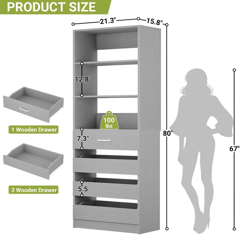 21.3'' W Closet System with 4 Drawers, 1.78FT Walk in Closet Organizer Wardrobe with Open Shelves