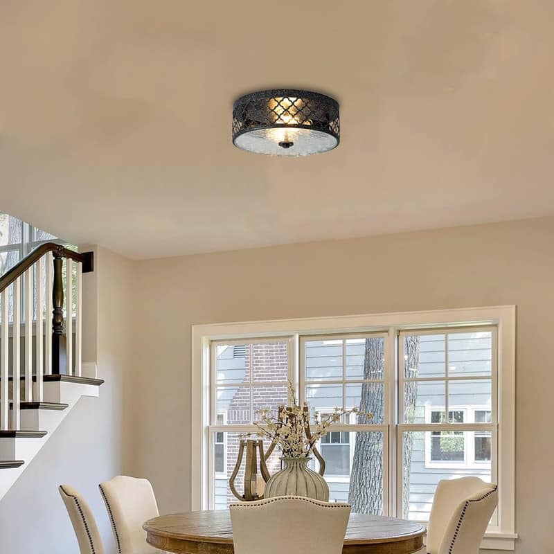 12” Light fixture black ceiling lighting glass, metal flush mount ceiling light - N/A