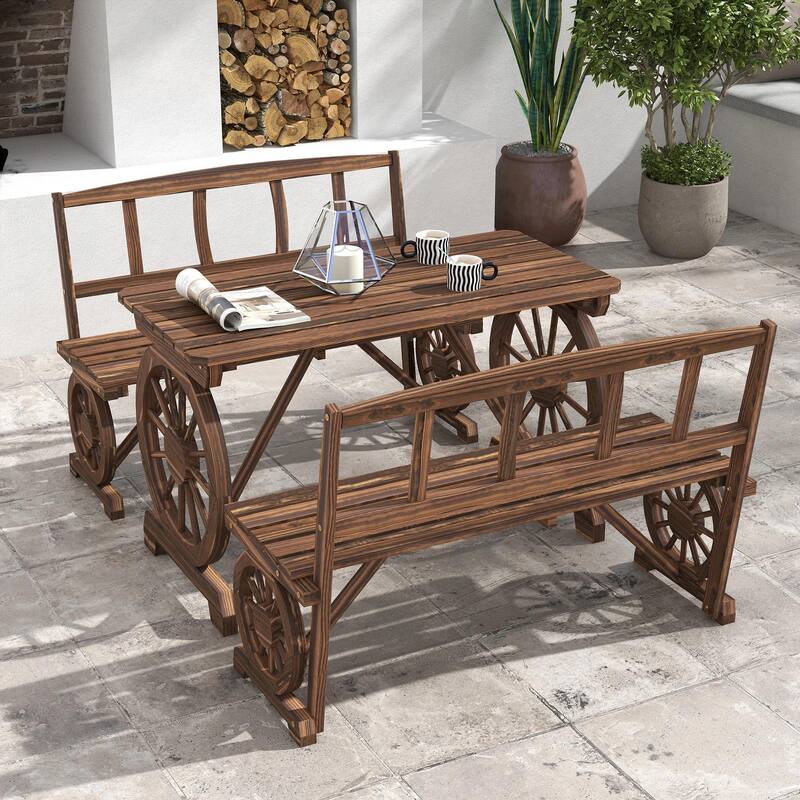 4-Person Patio Table and Chairs, Wagon Wheel Design, Outdoor Garden - Carbonised