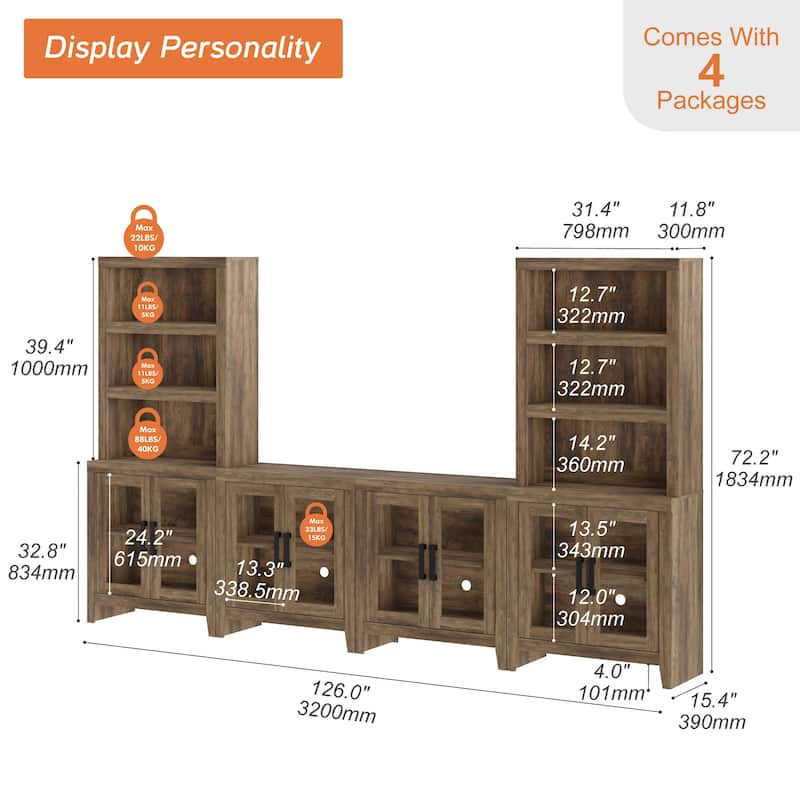 WAMPAT Farmhouse Entertainment Center with Bookshelves, Modular TV Stand with Storage Cabinets & Glass Doors
