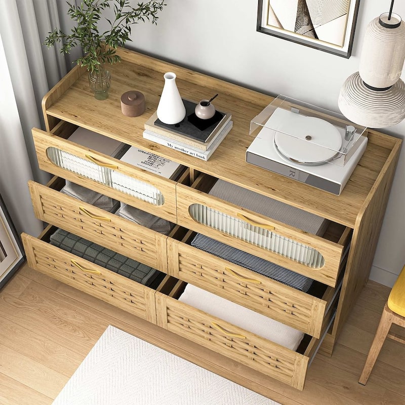 Mid-Century Modern Wood Finished Wood 4/6-Drawer Dresser with Glass Accent