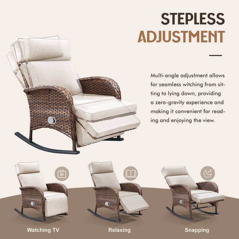 Meyreso 6-Piece Wicker Rocking Reclining Chaise Lounge with Adjustable Backrest & Footrest