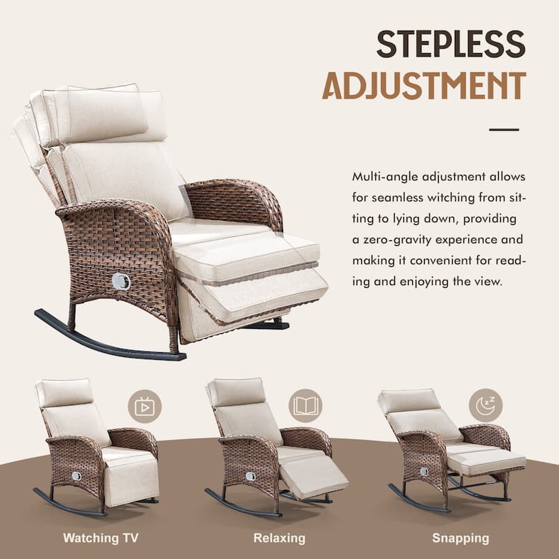 Meyreso Wicker Rocking Reclining Chaise Lounge with Adjustable Backrest & Footrest (2-Pack)