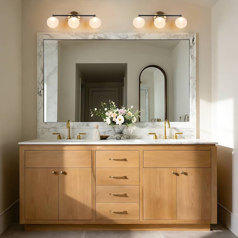 Modern 3-Light LED Bathroom Vanity Light in Black Brass with Frosted Glass Globe Shades