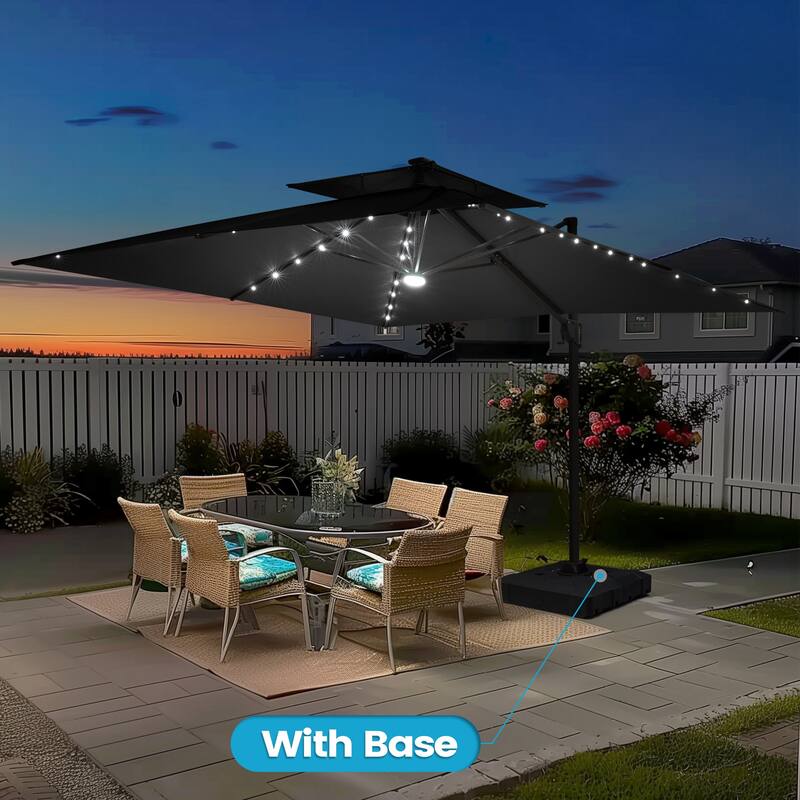 11 ft Solar Powered LED Aluminum Patio Cantilever Umbrella 360-degree Rotation with Weights Base
