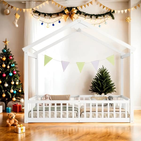 slide 2 of 30, Double Twin Size Floor Bed with Fence and Guardrails without Door,Kids Bed Design White
