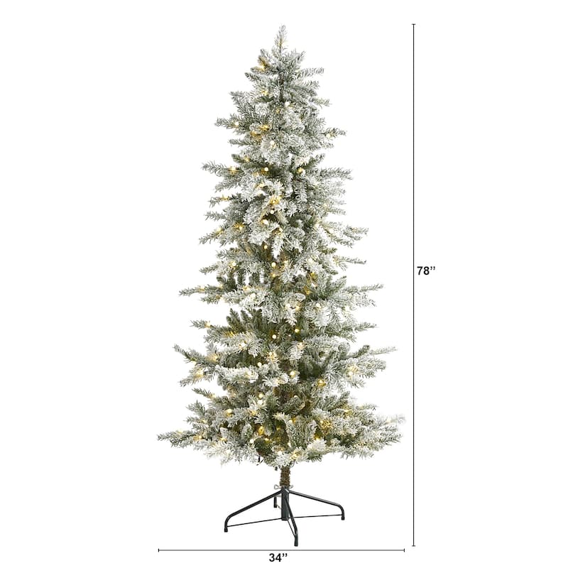 6.5' Slim Flocked Nova Scotia Spruce Artificial Christmas Tree with 300 Warm White LED Lights and 699 Bendable Branches