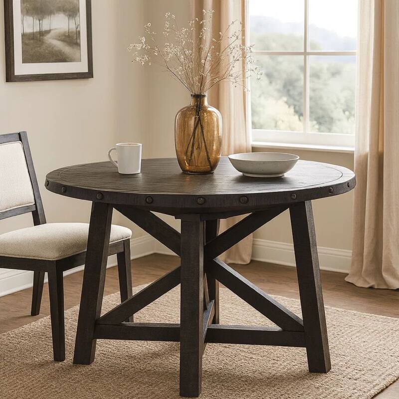 Liu 54 - 72 Inch Round Dining Table, Acacia Wood, Extendable, Dark Brown