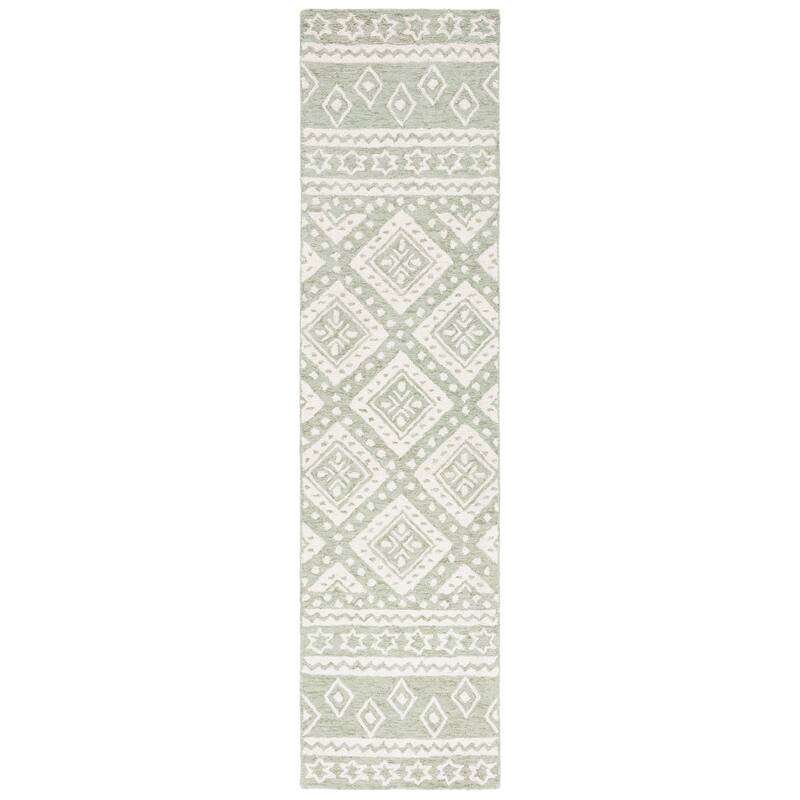 SAFAVIEH Handmade Micro-Loop Kobie Wool Rug - 2'3" x 9' Runner - Sage/Ivory